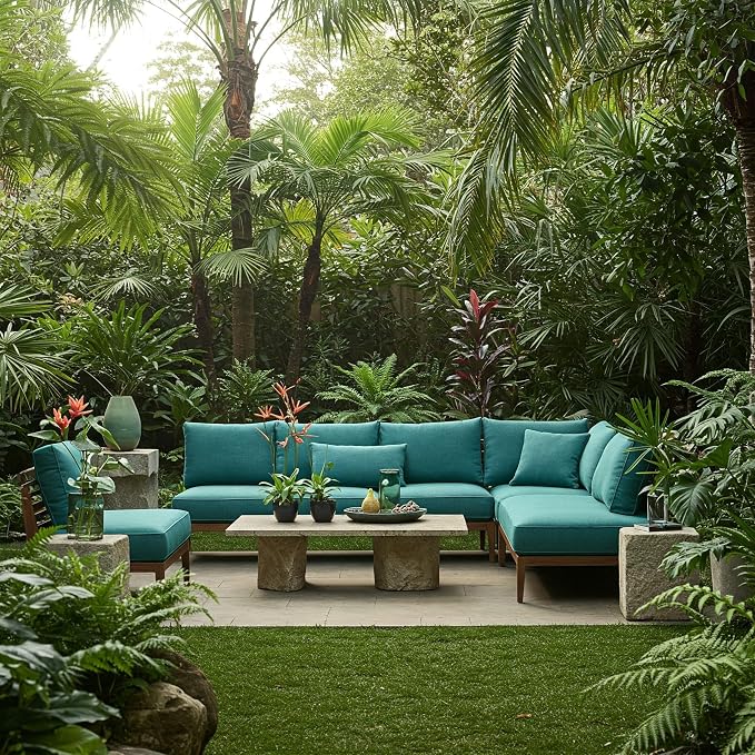 RSH DECOR: Sunbrella Square Throw Pillows Set of 2 | 24" x 24" | Water and Fade-Resistant Performance Fabric | Outdoor Pillow Covers with Down-Alternative Inserts | Spectrum Peacock
