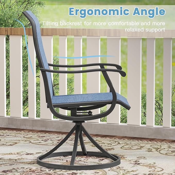 DIFY Outdoor Dining Set for 6, 7 Piece Patio Table and Chairs Set, Swivel Patio Dining Chairs with Blue Textilene & 50" Black Round Metal Dining Table with Umbrella Hole, for Garden Backyard Deck