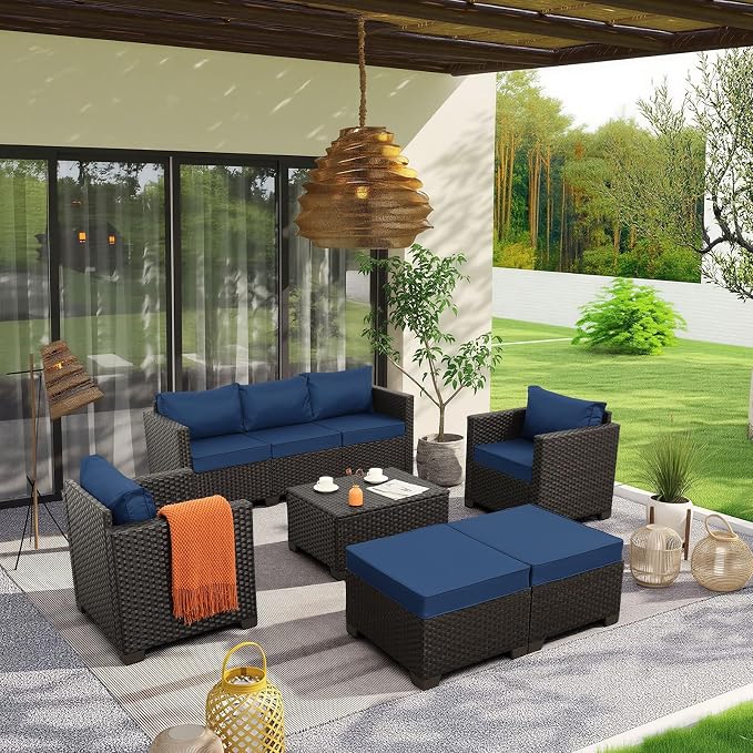 Rattan Star 6 Pieces Patio Outdoor Furniture Conversation Sets Patio Wicker Sofa Set with Outdoor Couch Patio Chairs and Storage Table Non-Slip Cushions Waterproof Covers, Navy Blue
