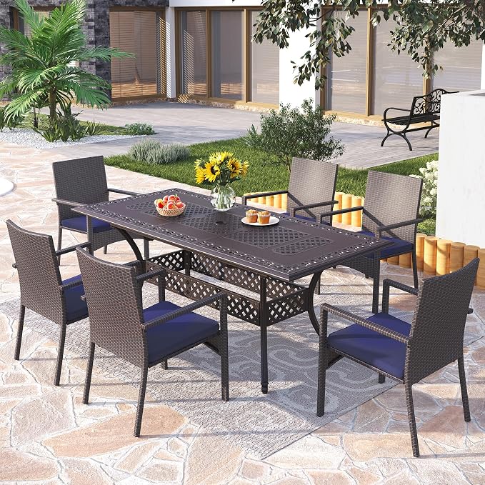 PHI VILLA Outdoor 7 Pieces Expandable Cast Aluminum Dining Set for 6, Extendable Metal Table with Umbrella Hole & Cushioned Wicker Chairs, Dining Furniture Set for Patio, Deck, Yard and Porch
