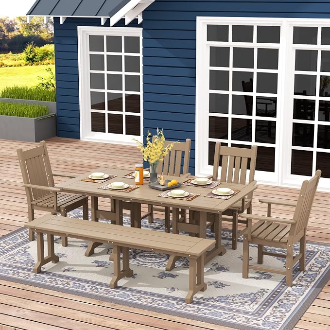 WO Home Furniture Adirondack Patio Dining Chair Table Bench Set of 6 PCS Rectangle Dinner Table Dining Arm-Chairs (Weathered Wood)