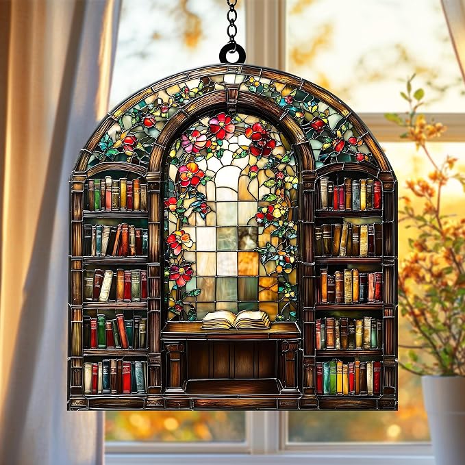 Floral Bookshelf Acrylic Suncatcher, Bookish Suncatchers for Window Hanging Ornament, Art Garden Decor for Book Lover Reader Bookworm, Gifts for Mother's Day, Mom, Grandma, Wife, Women, Nana