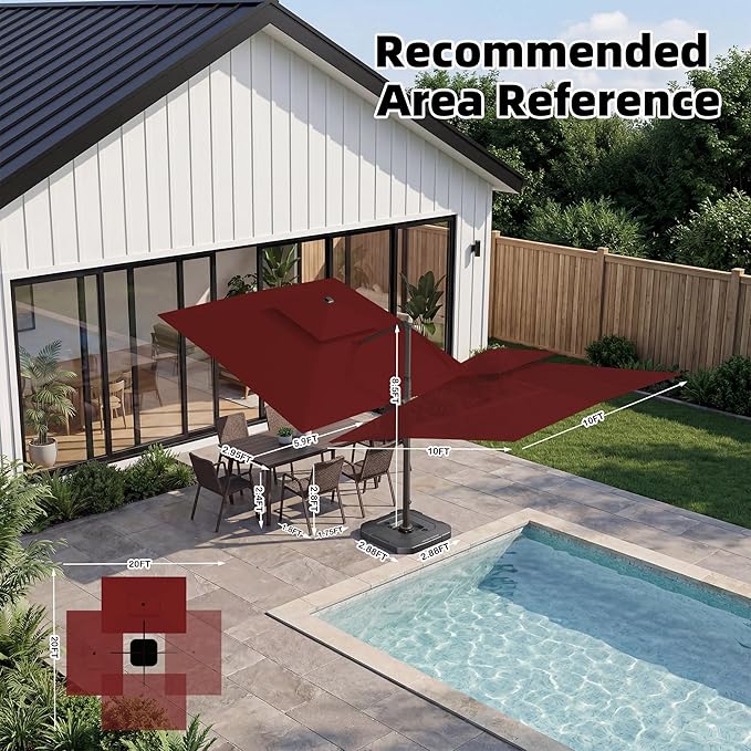 10x10 FT Cantilever Patio Umbrella with Base and Led Lights Double Top Outdoor Square Large Heavy Duty Aluminum Offset Umbrellas with 7 Level Tilt 360-degree Rotation for Pool Garden Deck, Wine Red