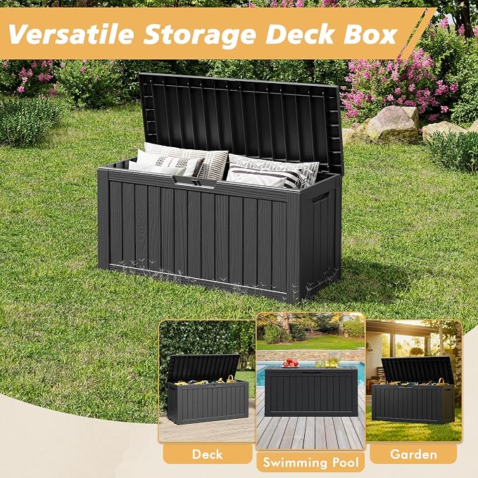 Fancyango 85 Gallon Outdoor Deck Box Waterproof, Large Storage Box for Patio, Resin Storage Bench Lockable for Garden Tools, Package Delivery,Black