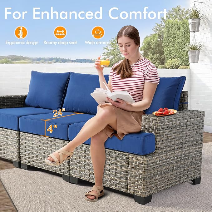 9 Pcs Outdoor Sectional Patio Furniture Set with Fire Pit Table and Swivel Rocking Chairs - All Weather Wicker Modular Outside Sectional Couch,Patio Seating Outdoor Conversation Sets,Navy Blue