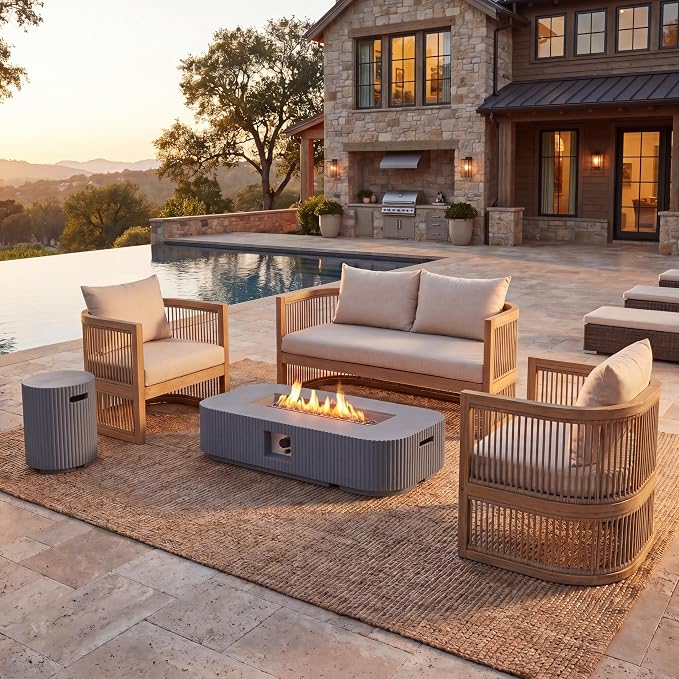 Christopher Knight Home Eden 5 Piece Patio Furniture Set with MGO Fire Pit + Tank Holder, 4-Seater Outdoor Acacia Wood Conversation Set with Cushions and Rectangular Fire Table, Light Teak+Beige+Gray