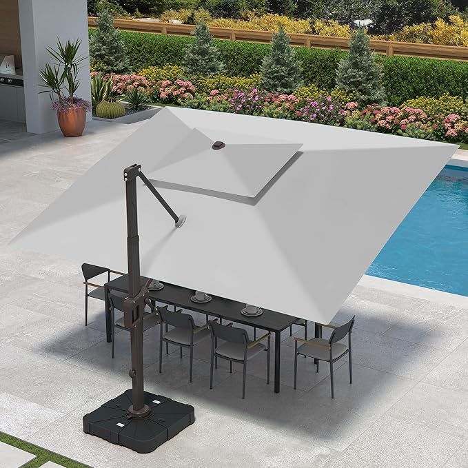 9 X 12 FT Cantilever Patio Umbrella with Led Lights Outdoor Heavy Duty Double Top Rectangle Offset Umbrellas with 360-degree Rotation for Pool Deck Backyard, Foggy Grey