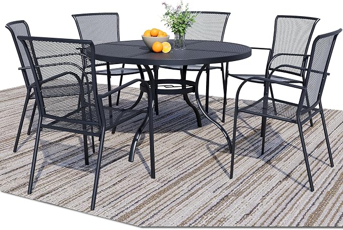 7 Pieces Outdoor Dining Set for 6, Black Metal Mesh Outdoor Dining Table and 6 Black Metal Mesh Stackable Patio Chairs with Armrest, Patio Table and Chairs Set for Lawn Garden Backyard