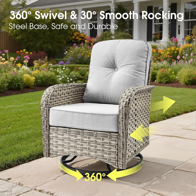 Rattan Patio Furniture Set with Swivel Chairs,6 Pieces Outdoor Sectional with Glowing Coffee Table,Out Door Furniture Conversation Set,Light Grey