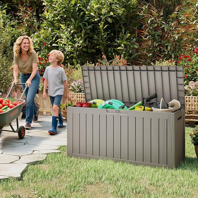 LubanNese Outdoor Storage Box, Waterproof Deck Box, Outdoor Patio Storage Bin, Weatherproof (Grey, 75 Gallon)
