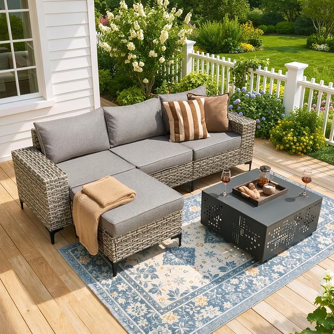 CAODOC 5-Piece Patio Furniture Set with L-Shape Sofa Chaise, Outdoor Sectional Couch Solar Table, Modern Modular Wicker Rattan Conversation Set