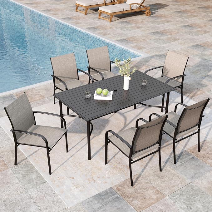 MIXPATIO 7-Piece Outdoor Dining Set 6 Brown Textilene Chairs and Steel Rectangle Table with 1.97” Umbrella Hole for Deck Garden Backyard Lawn Poolside