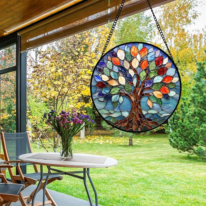 DASTOLL Stained Glass Window Hanging, Colorful Tree of Life Sun Catchers Glass Panel Blue Suncatcher Decor for Birthday for Women, Men, Wife, Aunt, and Mom 11.8x11.8 in