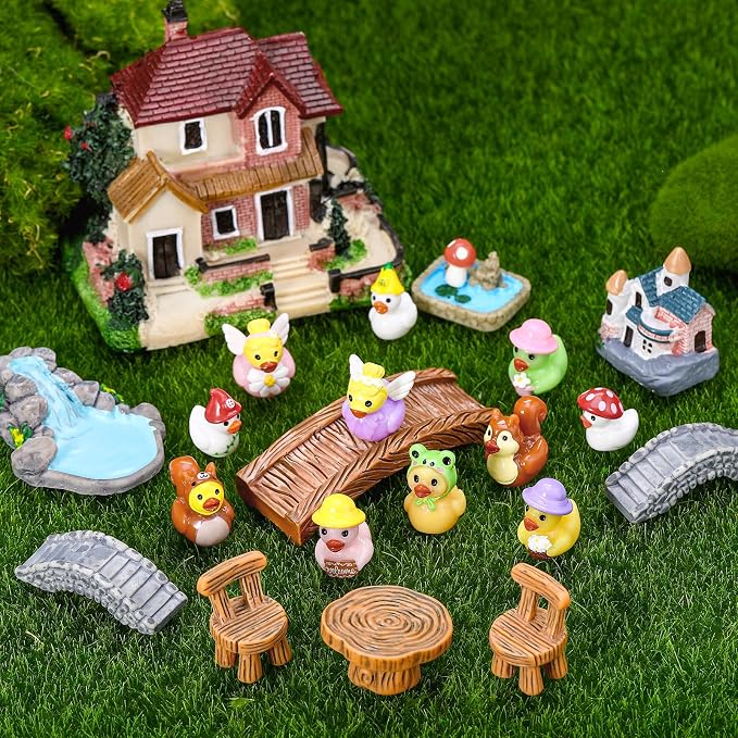 36 Pcs Fairy Garden Accessories Miniature Figurines Decor Set | Weather Resistant Resin Material, House Bridge Pond Duck Figurines, for Fairy Garden Terrarium Potted Plants Dollhouse Decor