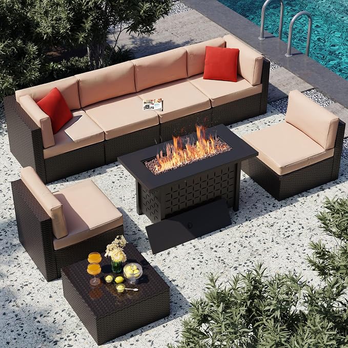 Vongrasig 8 Pieces Patio Furniture Set with 43" Fire Pit, Outdoor Couch Sectional Set, Small Conversation Set, 50,000 BTU Gas Fire Pit Propane Fire Table with Lid, Beige