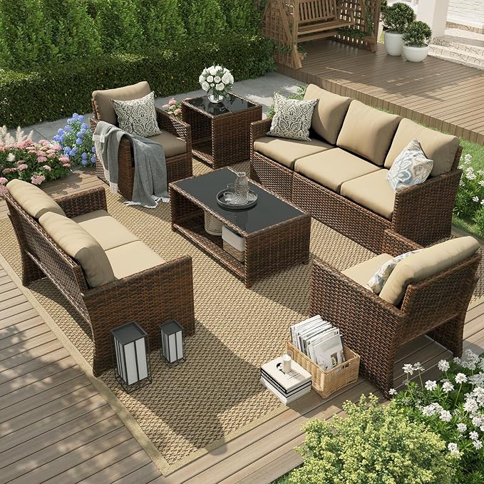 U-MAX Patio Furniture Set with Two Table, 7 PCS Outdoor Furniture for Garden
