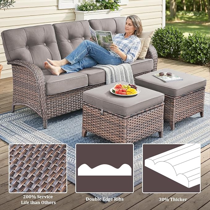 10-Piece Wicker Patio Furniture Set with 5-Inch Thick Cushions Weather Resistant Rattan High Back Swivel Rocker Chairs Senior Friendly Conversation Set for Small Porch Deck Sunroom Brown/Grey