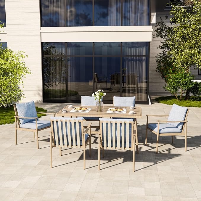 HAPPATIO 7-Piece Outdoor Dining Set for 6, Aluminum Patio Dining Set Includes 6 Dining Chairs and 1 Large Rectangular Table with Umbrella Hole, Patio Furniture Set for Lawn, Porch, Backyard, Brown
