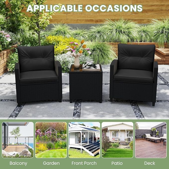 ORALNER 3 Pieces Patio Furniture Set, Wicker Conversation Set Outdoor Chairs with Cushions, Glass Coffee Table, Rattan Bistro Set for Front Porch Balcony Garden Deck Poolside (Black)