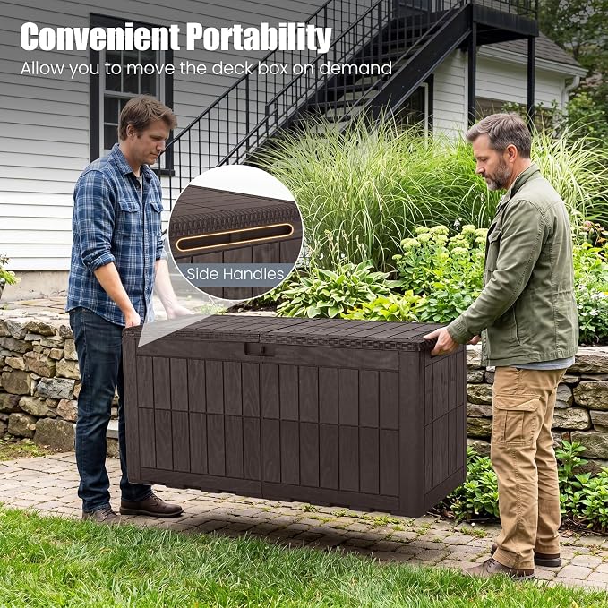 HAPPYGRILL 100 Gal Outdoor Deck Box, Lockable Storage Bin with Lid and Handles, Waterproof and Sun-Protective Patio Bench and Storage Box for Garden Tools Pool Supplies (Dark Brown, 100Gallon)