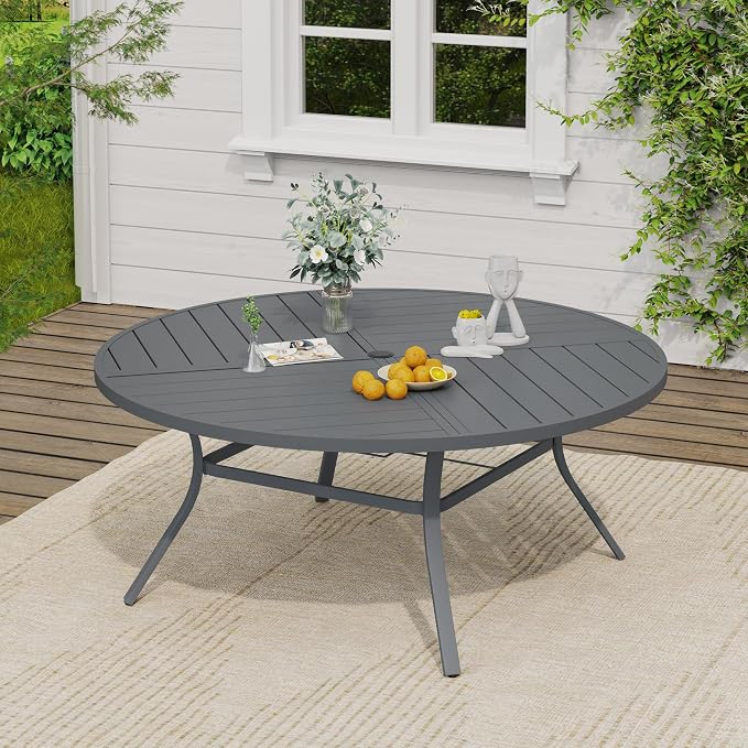 VICLLAX Patio Dining Set, 63.1" Dark Grey Table & 6 Chairs with Grey Cushion