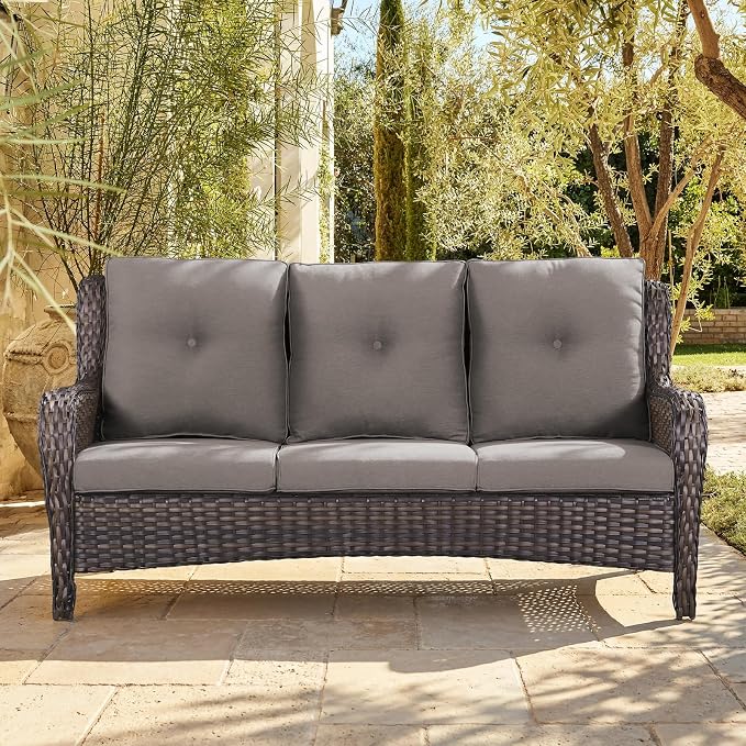 Belord Patio Sofa Luxury PE Wicker 3-Seater Outdoor Couch, Modern All-Weather High Back Deep Seat Woven Furniture Set for Porch, Deck, Balcony, Backyard - Brown/Grey
