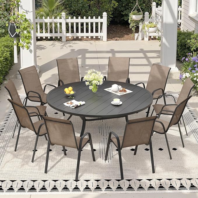 11 Pieces Outdoor Dining Set, 63" Round Table with Umbrella Hole & Stackable Patio Dining Chairs, Patio Table and Chairs Set for Deck Garden Porch, Brown Chairs & Black Table
