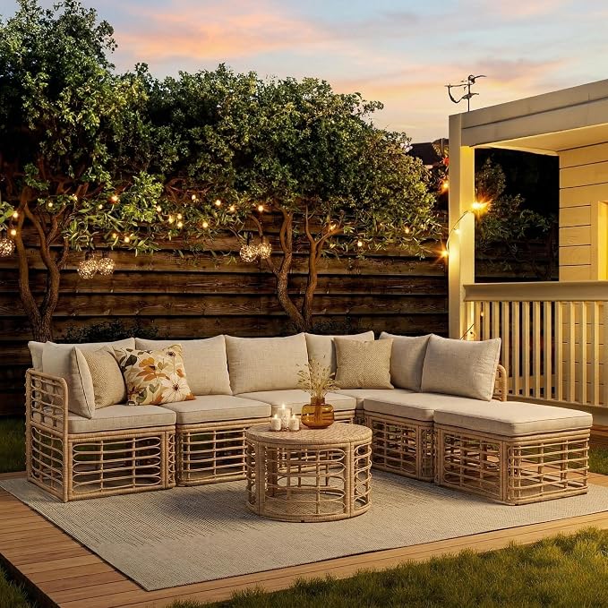 7 Pieces Outdoor Patio Furniture, All-Weather Rattan Sectional Sofa Set with Thick Cushions and Pillows, Freely Combined Conversation Sets for Garden, Backyard, Balcony (Brown#33)