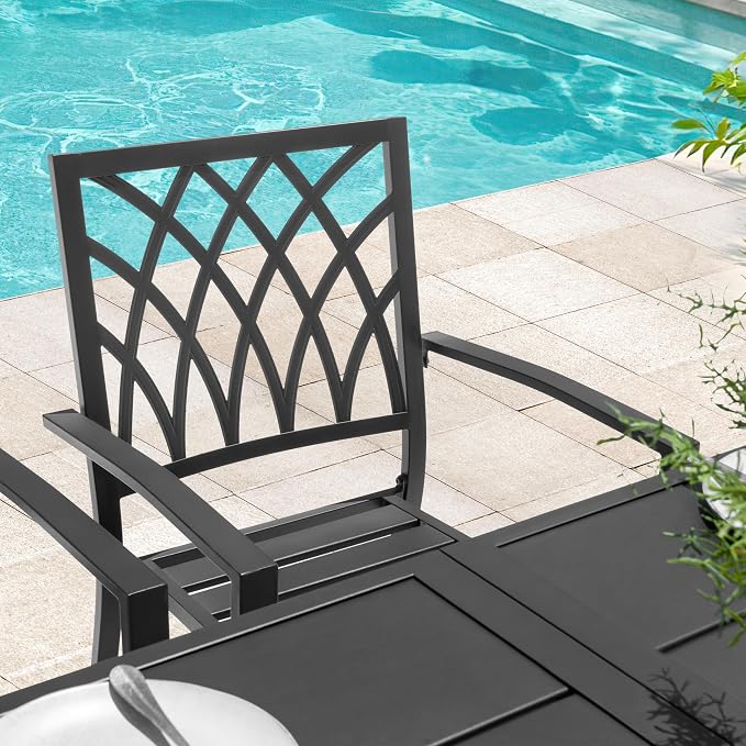 NUU GARDEN 7-Piece Outdoor Metal Dining Set, Well-Ventilated Patio Furniture Set Includes 61” x 37” Table and 6 Stackable Chairs with Lattice Pattern for Garden, Backyard, Poolside, Black