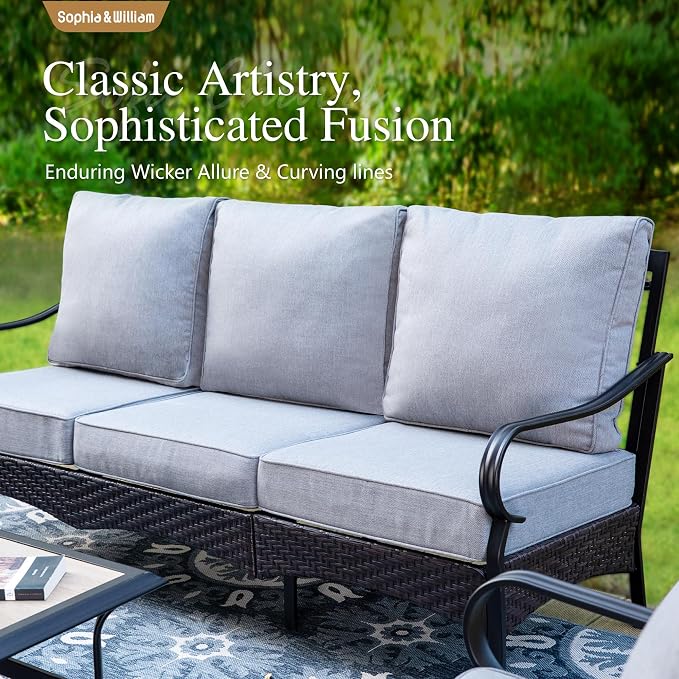 Sophia & William Patio Furniture Set with Fire Pit Table, 5 PCS Metal Outdoor Conversation Set with Fire Pit Table, 2 Sofa Chairs,1 Loveseat, 3-Seater Couch for Outdoor Seating, Backyard, Porch(Grey)