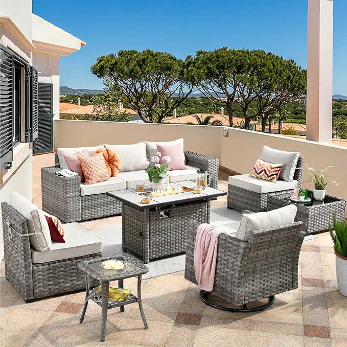 HOOOWOOO Outdoor Patio Sectional Furniture Sofa Set with Large Fire Pit Table,9 Piece Modern Wicker Couch with Swivel Chair,Modular Conversation Seating Set with Widened Armrest(Beige Tan)