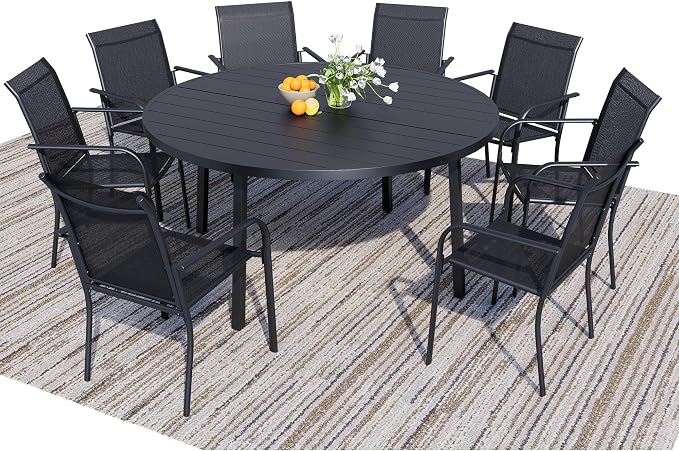9-Piece Patio Furniture Set, Black Round Patio Table and Black Chairs Set of 8, Outdoor Dining Set with Umbrella Hole for Garden, Yard, Patio