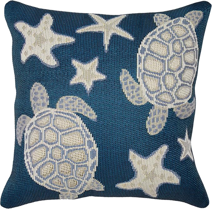 Liora Manne MARINA Indoor/Outdoor Power Loomed Easy Care Pillow - Transitional Geometric Coastal Beach Colorful (Turtle And Stars Navy) (12" x 18")