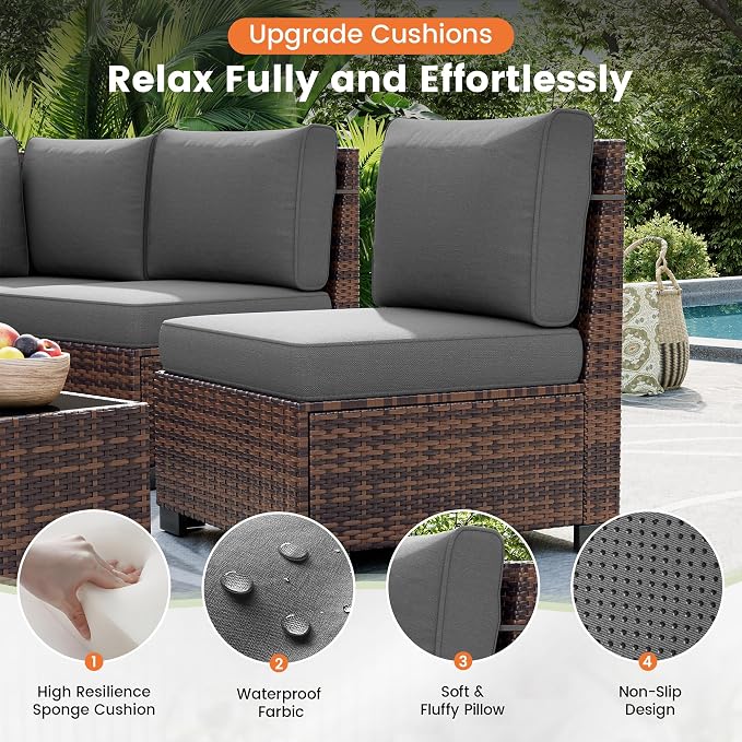 UDPATIO Furniture Set with Fire Pit Table, 8 Inch Wide Armrest 7 Piece Sectional Sofas, All-Weather Wicker Conversation for Garden, Backyard, Grey