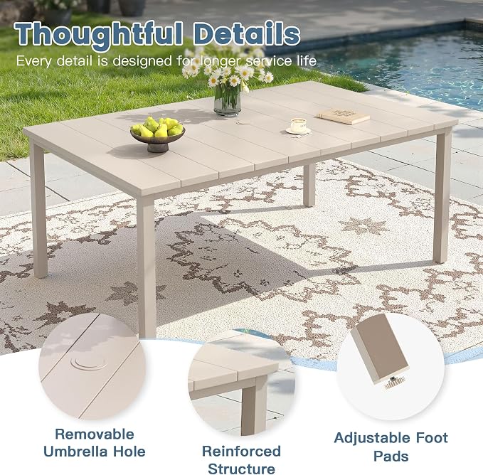 DIFY 7 Pieces Outdoor Patio Dining Set, 6 Cream Stackable Metal Dining Chairs and 63" Sandshell Rectangle Dining Table, Outdoor Table and Chairs for Lawn Garden Backyard Deck