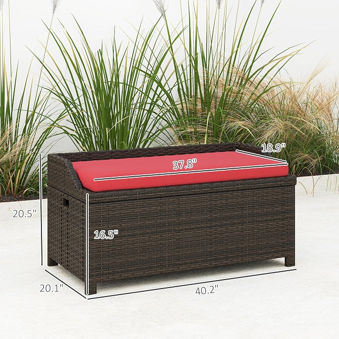 Outsunny 34 Gallon Outdoor Wicker Storage Bench Deck Box, PE Rattan Patio Furniture Pool Storage Bin Container with Interior Waterproof Cloth Bag and Comfortable Cushion, Red