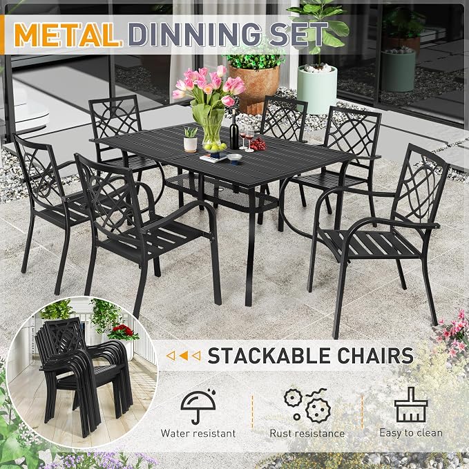 Incbruce 7 Pcs Outdoor Dining Set Wrought Iron Patio Dining Set, Dining Furniture Set (6 Dining Chair and 1 Rectangular Table with 1.57" Umbrella Hole) for Garden,Backyard(Metal Tabletop)