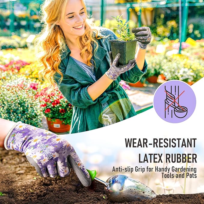 COOLJOB 6 Pairs Gardening Gloves for Women, Breathable Rubber Coated, M | Women's Floral Gardening Gloves, Textured Latex Palm, Breathable Polyester Liner, Flexible Fit, Machine Washable