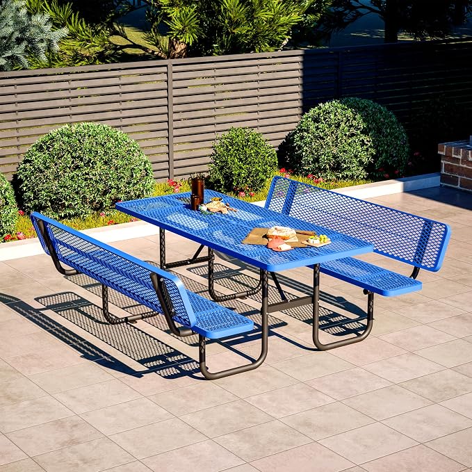 72" Heavy-Duty Iron Mesh Picnic Table Set with Backrest Blue | 1.73'' Umbrella Hole, Commercial-Grade Outdoor Table for Patio, Garden or Park–Rust-Resistant, Heat-Proof, All-Season Use