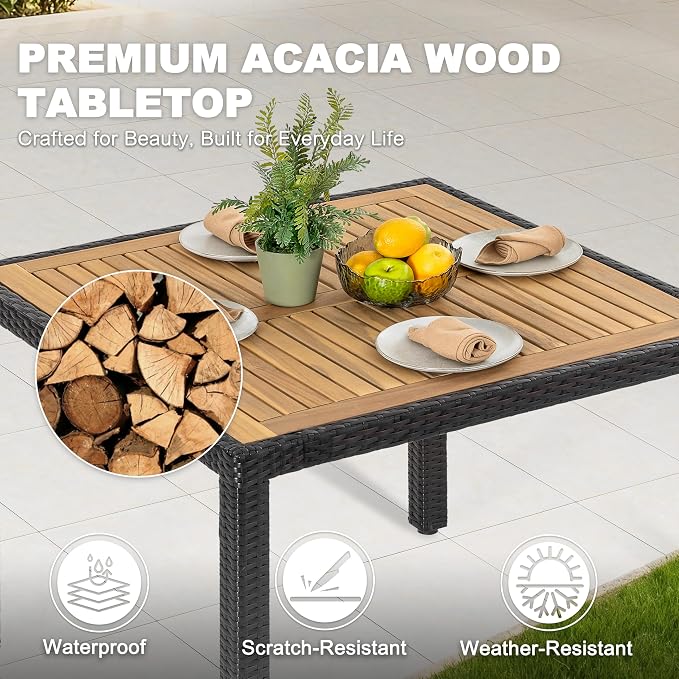 NUU GARDEN 5 Piece Patio Dining Set, Acacia Wood Table and Wicker Dining Chairs with Cushions, All Weather Outdoor Furniture for Balcony Garden Poolside, Black