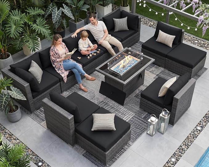 NICESOUL 11 Piece Modern Outdoor Sofa Set, 29.3'' High Back Comfy Big Size Wicker Patio Modular Sectional with Fire Pit Table & Ottoman, Rattan Conversation Furniture, Black & Gray