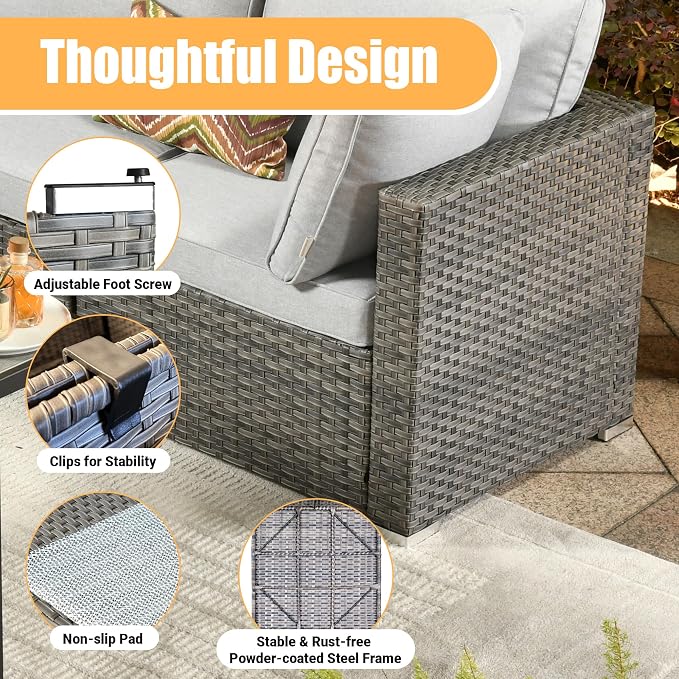 Weaxty 8 Piece Outdoor Sectional with Fire Pit Table, All Weather Wicker Patio Furniture Set with Swivel Rocker Chair Coffee Table, Thick Cushion Couch Conversation Sets for Garden Deck Backyard Gray