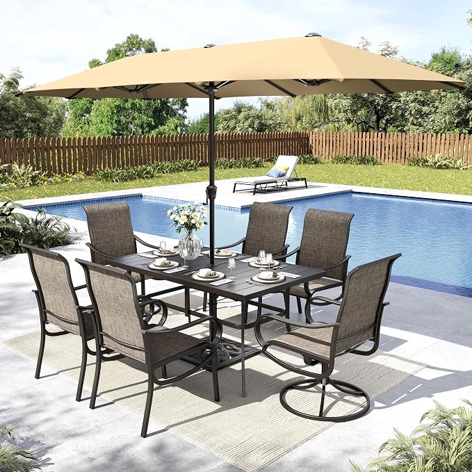 MFSTUDIO Patio Dining Set with Umbrella, Outdoor Dining Set for 6 Persons, Patio Furniture Set with 1 Rectangular Table Fixed Chairs 2 Swivel Chairs & Beige Umbrella (Base not Included)