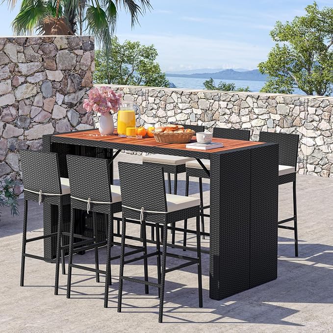 HAPPYGRILL 7-Piece Patio Bar Dining Set, PE Rattan Furniture Set w/Acacia Wood Tabletop & Soft Cushions, Outdoor Space-Saving Bar Table & 6 Armless Chairs w/Metal Frame for Balcony, Garden & Backyard