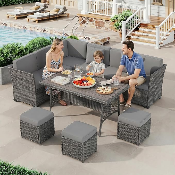 LOUVIXA 7 Pieces Patio Furniture Set, Outdoor Patio Furniture, Wicker Conversation Set with Dining Table, Chairs and Ottoman (Rustic Grey-Light Grey Cushion)