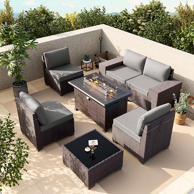 Gotland 7 Pieces Patio Furniture Set with 55000BTU Fire Pit Table, Wicker Patio Set with Wide Armrests 29.5'' High Backrest Thick Cushions 1 Coffee Table, Outdoor Furniture for Porch Deck Gray