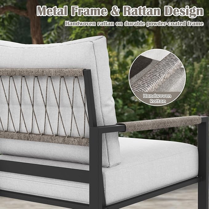 3 Pieces Rattan Outdoor Furniture Set, All-Weather Patio Conversation Set with Warm Grey Cushions and Coffee Table for Garden, Backyard, Balcony, Poolside