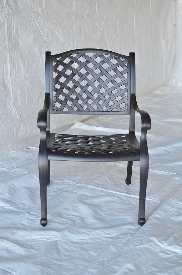 Nassau Outdoor Patio 7pc Dining Set Round 60" Fire Gas Table Dark Bronze Solid Cast Aluminum Sunbrella Cushions (Set with 6 Regular Chairs, Sunbrella Sesame)