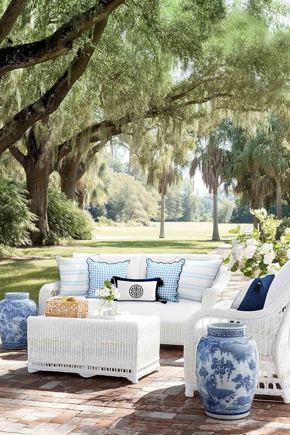 Hofdeco Premium Coastal Hampton Patio Indoor Outdoor Throw Pillow Cover Only, 22"x22" Water Repellent for Backyard, Couch, Poolside, Baby Blue Navy Print Leaf Striped