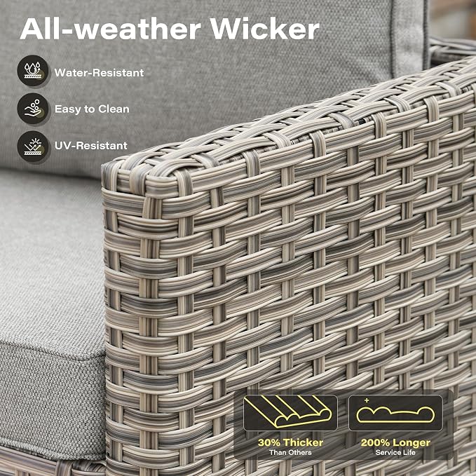 9 Pieces Outdoor Sectional Patio Furniture Set with 42" Fire Pit,Conversation Sets Rattan Wicker L Shaped Couch Swivel Rocking Chairs,Modular Outdoor Sofa for Porch Balcony Backyard Dark Grey